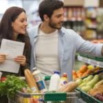 Couple shopping for healthy groceries together in West Jordan, UT store
