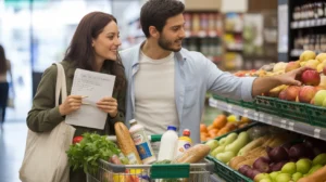 Couple shopping for healthy groceries together in West Jordan, UT store