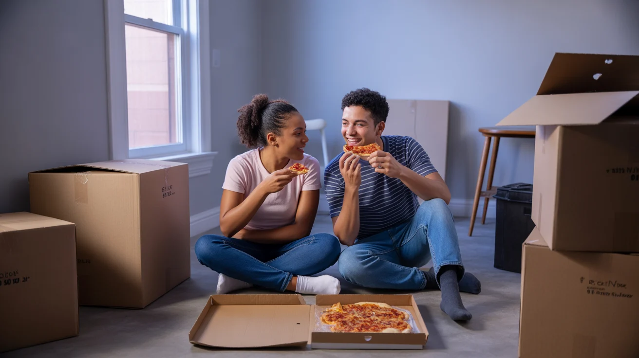 A couple eating pizza on the floor of their new apartment in Rock Hill, SC surrounded by moving boxes