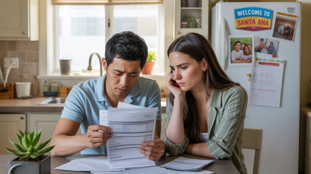 Couple reviewing utility bills and fee notices at kitchen table in Santa Ana apartment