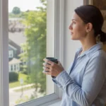 Woman drinking coffee and looking out apartment window in Wheaton, IL