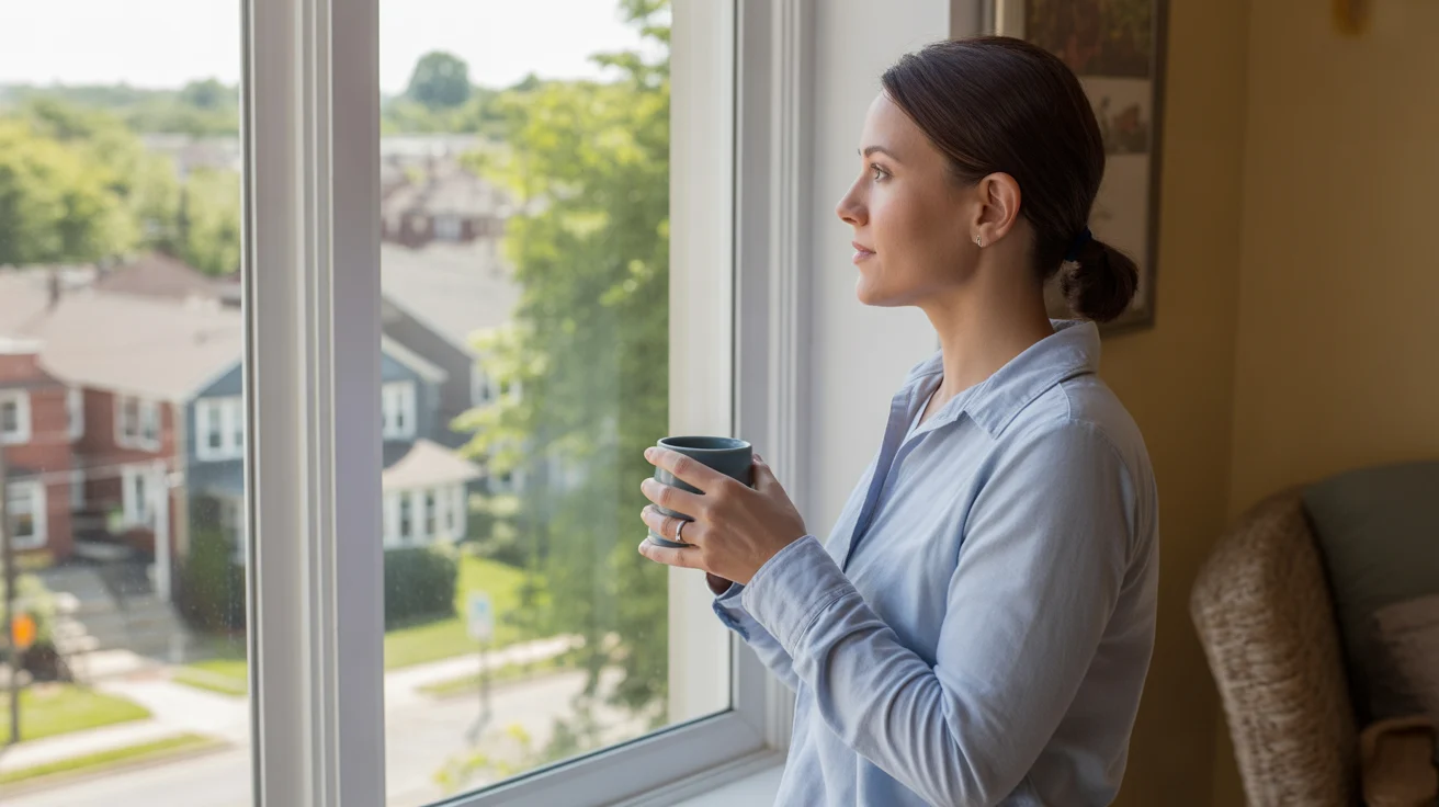 Woman drinking coffee and looking out apartment window in Wheaton, IL