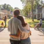 A couple stands in their apartment doorway looking out at a quiet Sandy neighborhood with houses and small apartments