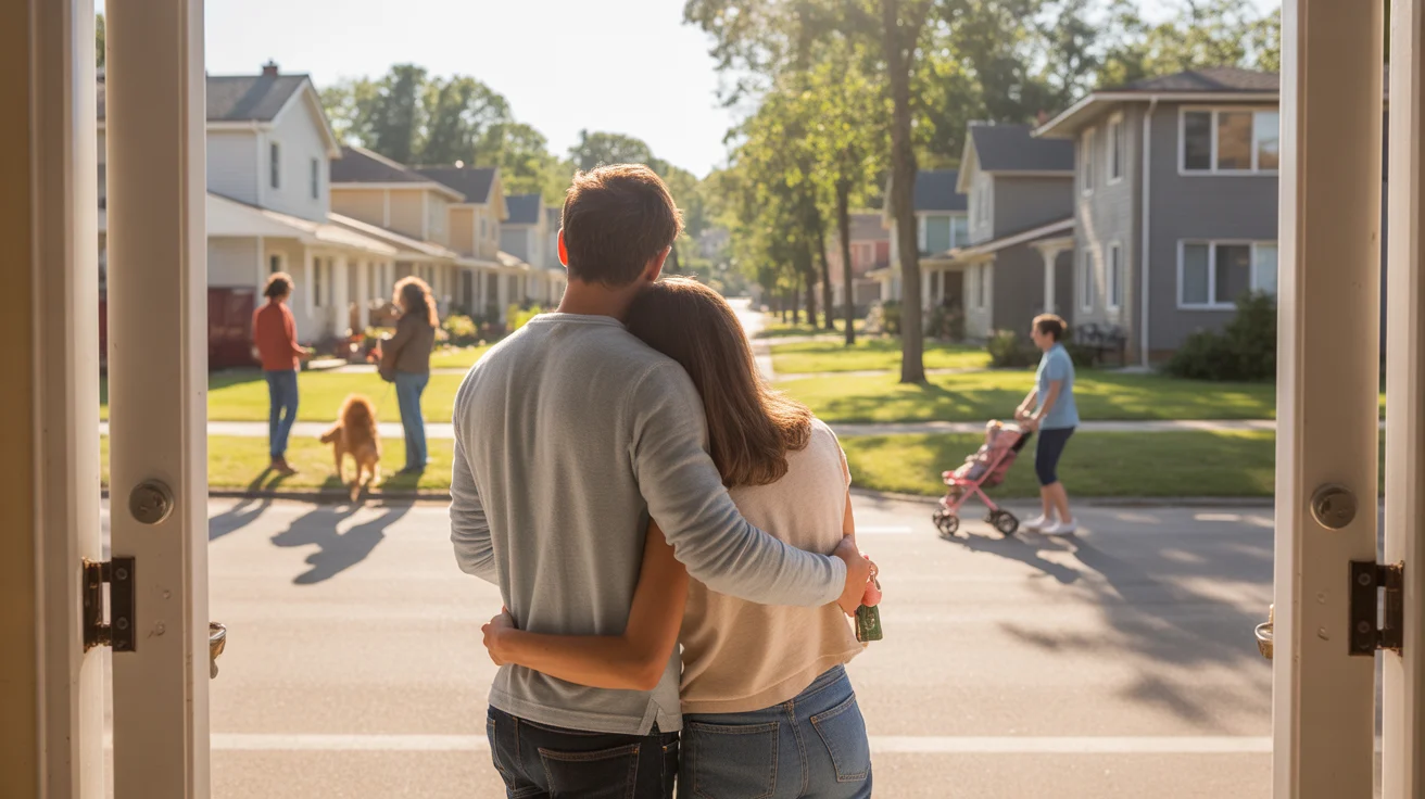 A couple stands in their apartment doorway looking out at a quiet Sandy neighborhood with houses and small apartments