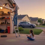 Man replacing garage light bulb while daughter draws with chalk in Spring Valley neighborhood at sunset