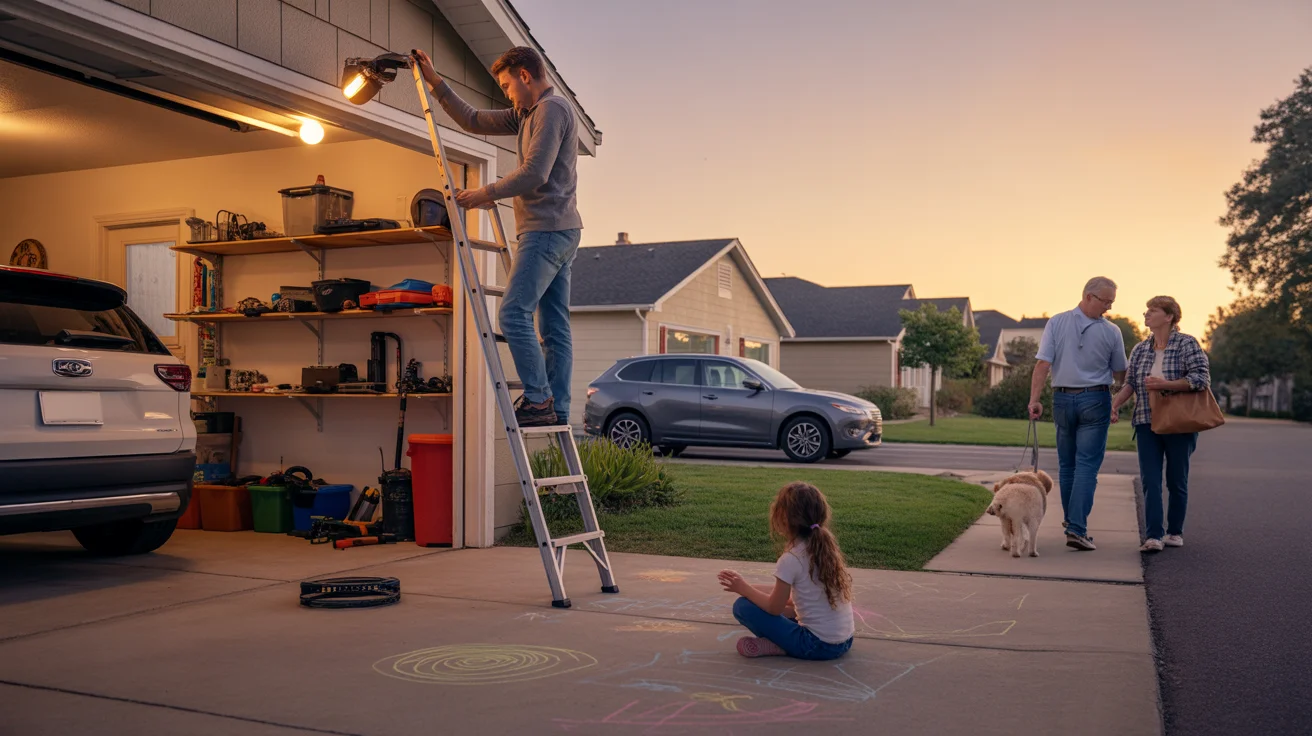Man replacing garage light bulb while daughter draws with chalk in Spring Valley neighborhood at sunset