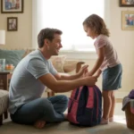 Father helping daughter pack backpack for school in living room