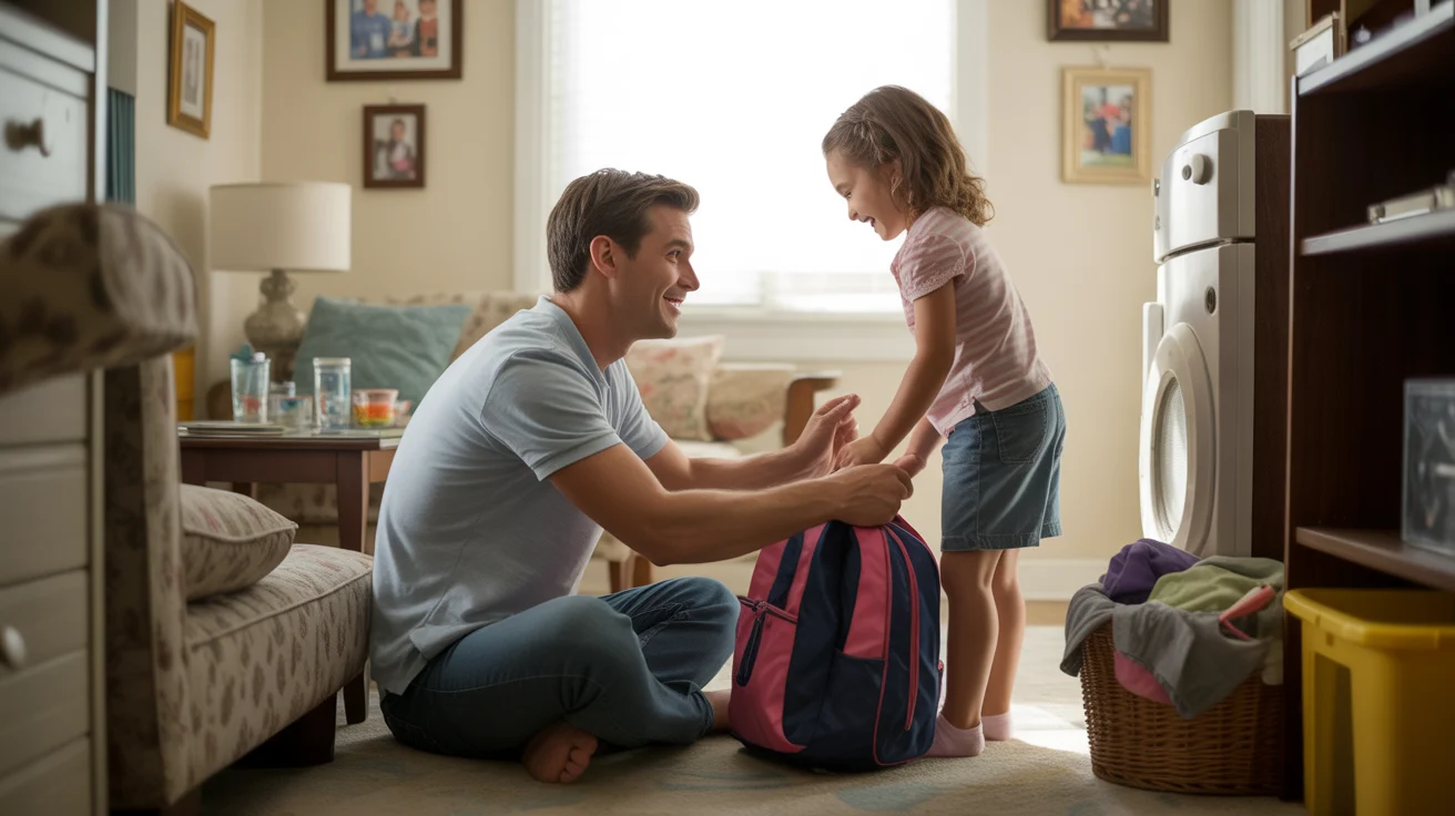 Father helping daughter pack backpack for school in living room