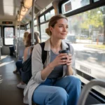 Woman boarding a GoDurham bus on a peaceful weekday morning in Durham, NC