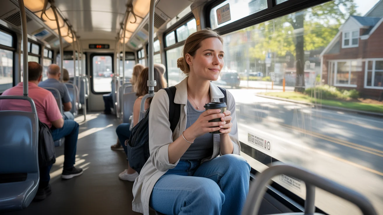 Woman boarding a GoDurham bus on a peaceful weekday morning in Durham, NC