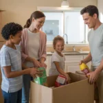 Family unpacks groceries in their new Highlands Ranch kitchen surrounded by moving boxes.