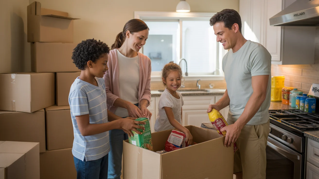 Family unpacks groceries in their new Highlands Ranch kitchen surrounded by moving boxes.