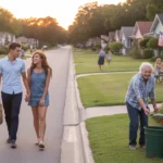 Couple walking in suburban San Marcos neighborhood at sunset