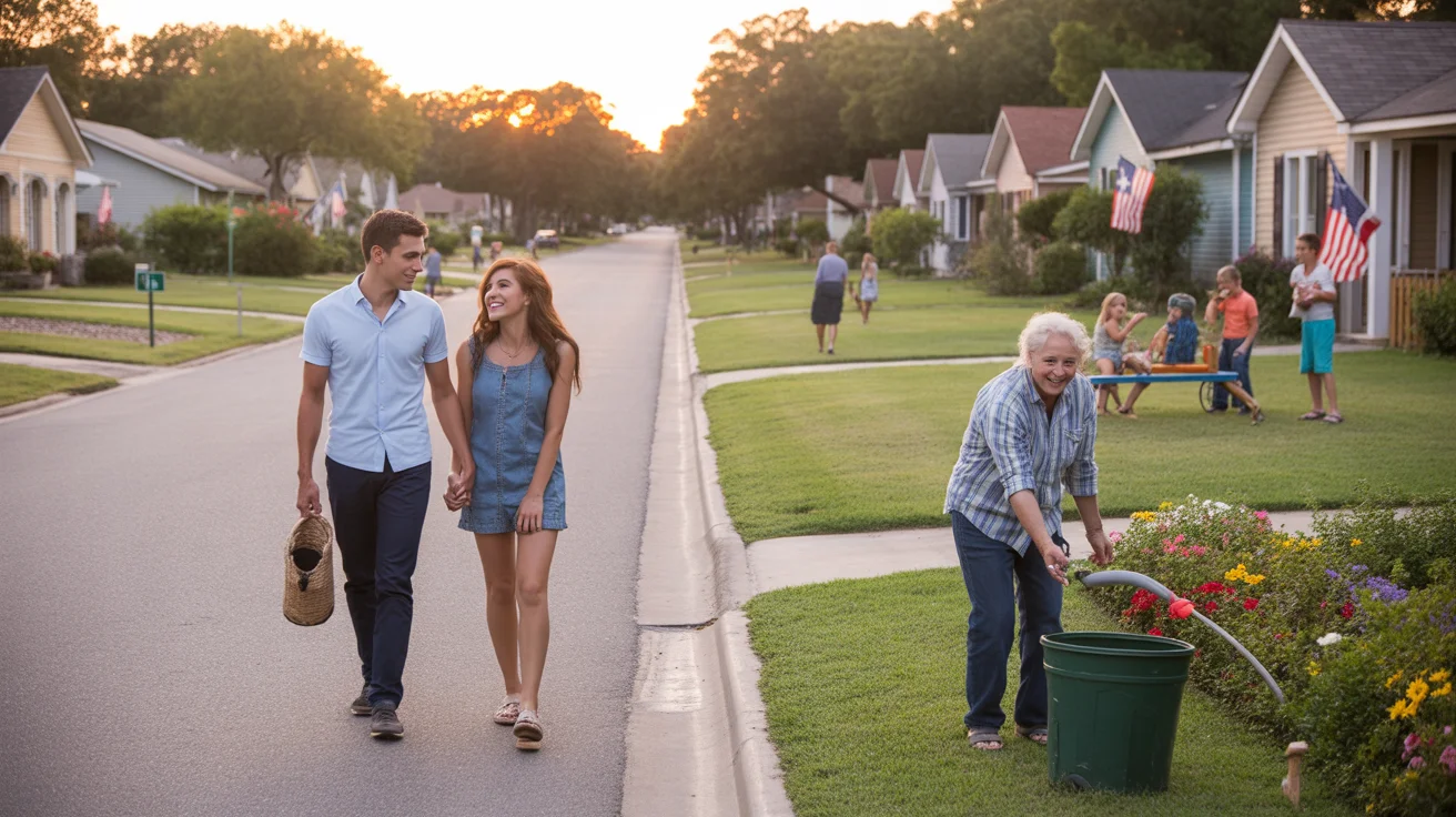 Couple walking in suburban San Marcos neighborhood at sunset