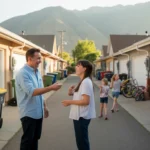 Neighbors talking near electric meters in alley behind suburban homes in West Valley City Utah at sunset