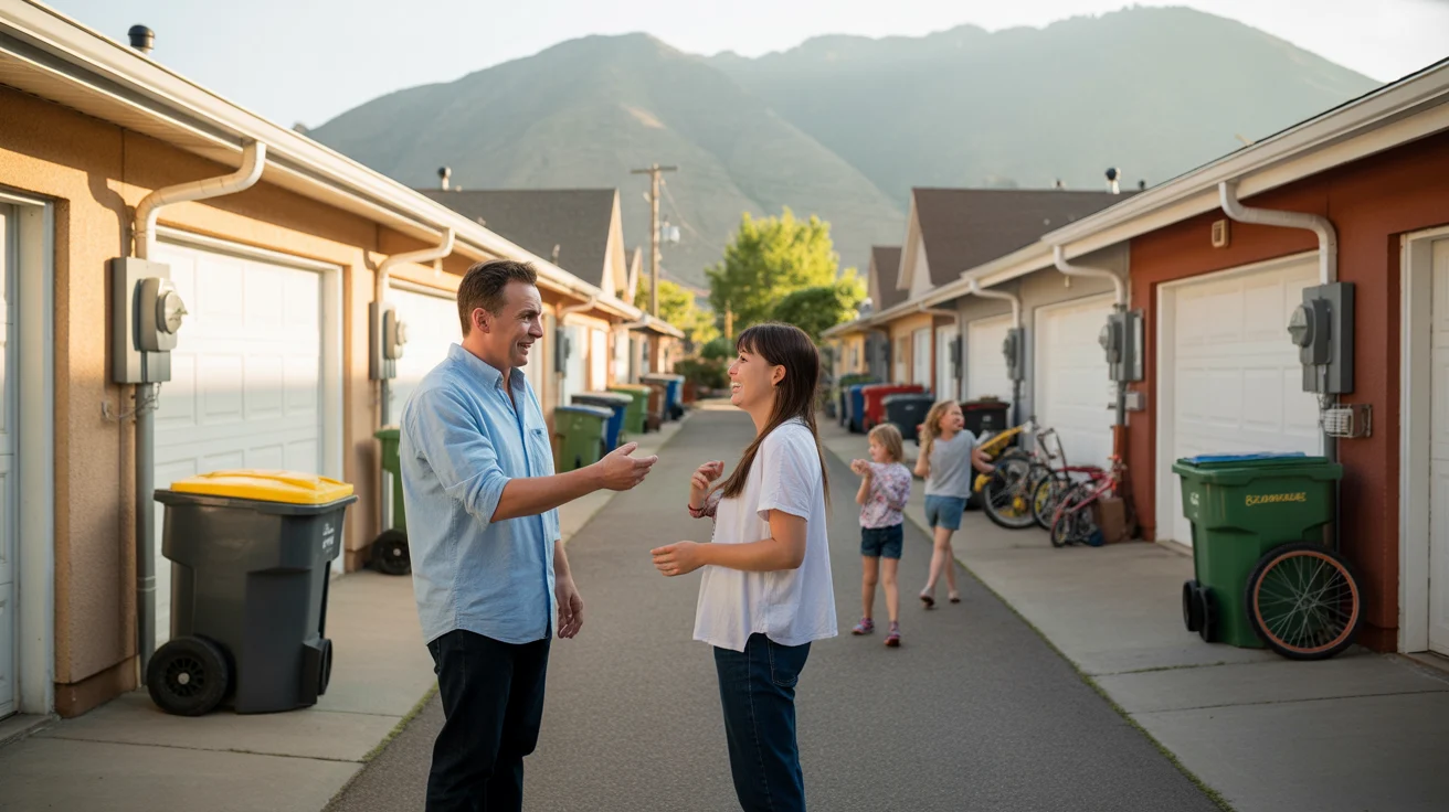 Neighbors talking near electric meters in alley behind suburban homes in West Valley City Utah at sunset