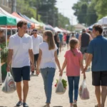 Family shopping at busy outdoor farmer's market in Sandy, Utah