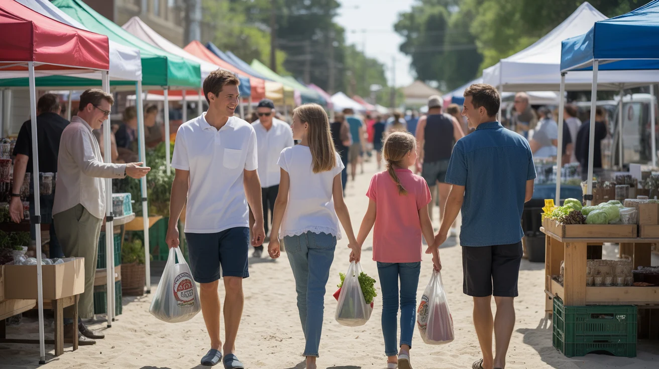 Family shopping at busy outdoor farmer's market in Sandy, Utah