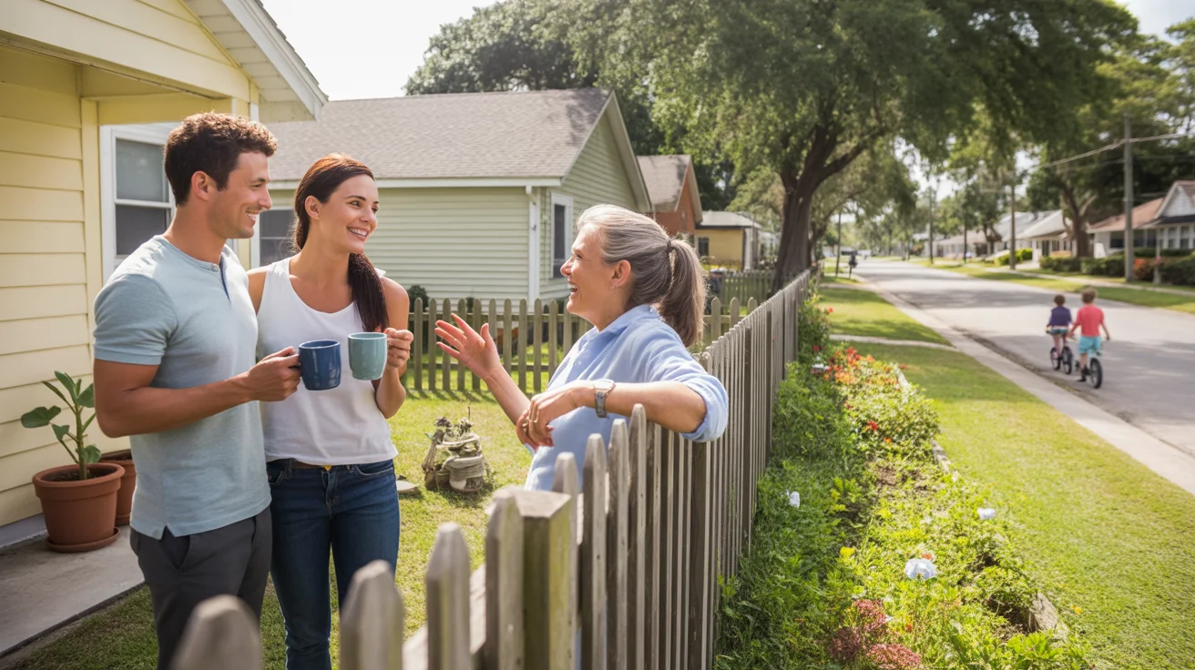 Couple chatting with neighbor over backyard fence in Brandon, FL