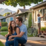 A young couple sits on their front steps in a quiet Boulder neighborhood at dusk.