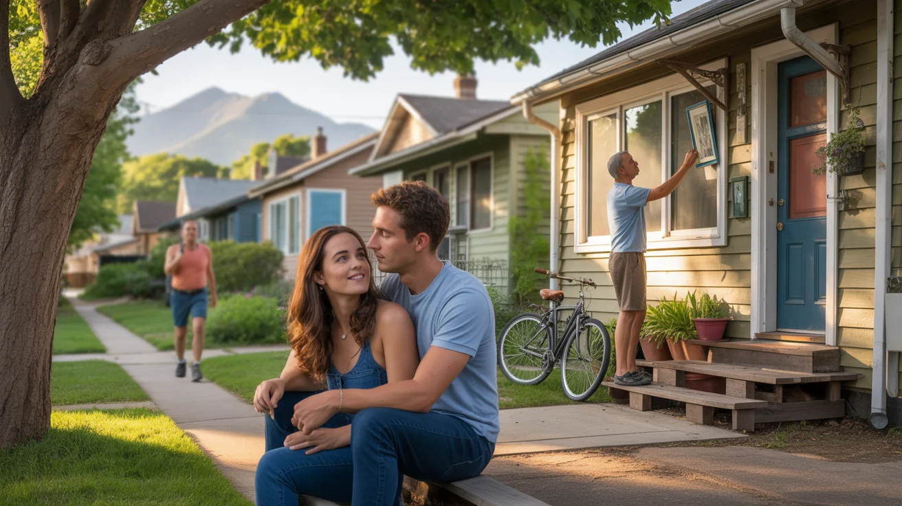 A young couple sits on their front steps in a quiet Boulder neighborhood at dusk.