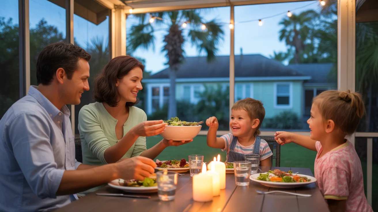 Family eating dinner by candlelight on screened porch to save electricity