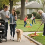 A couple walks their dog down a residential street in Naperville, Illinois on a pleasant fall day.