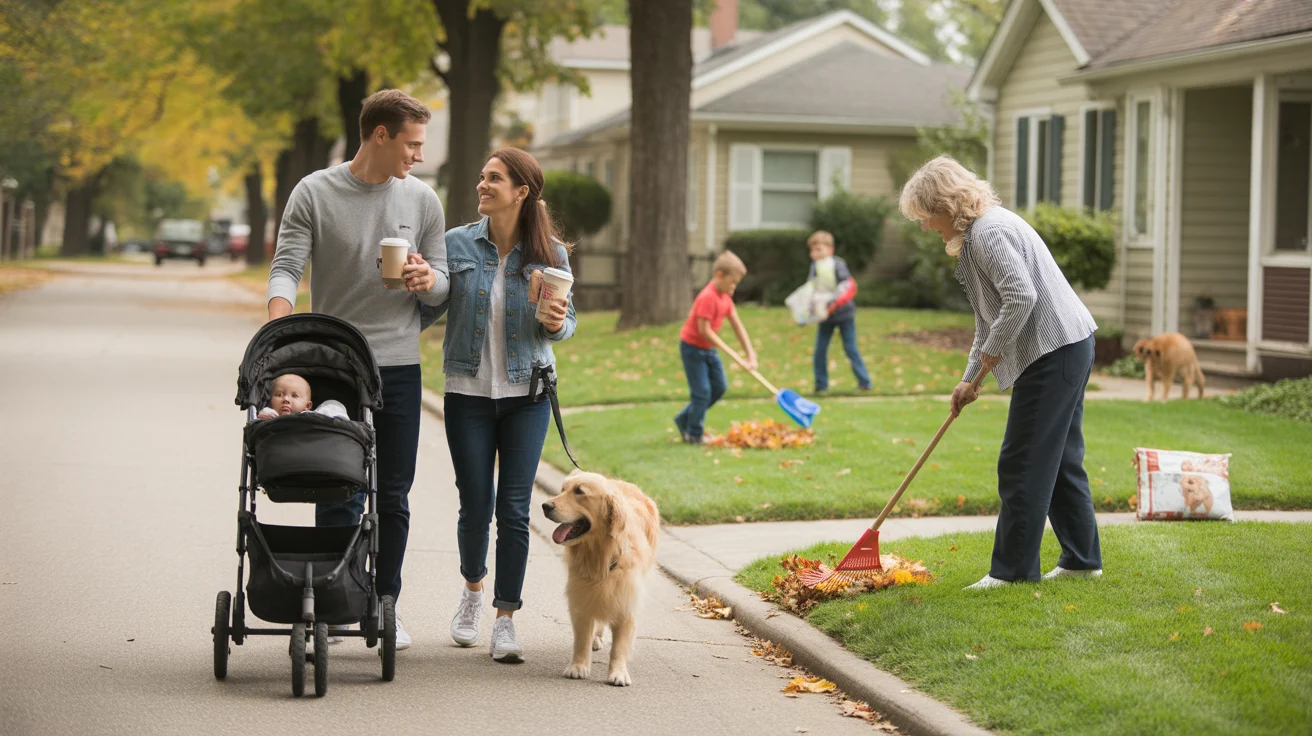 A couple walks their dog down a residential street in Naperville, Illinois on a pleasant fall day.