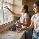 Two roommates adjusting blinds and reviewing an electric bill in their Spring Valley apartment on a hot summer afternoon