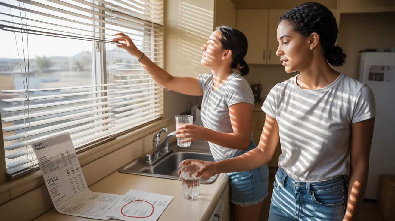 Two roommates adjusting blinds and reviewing an electric bill in their Spring Valley apartment on a hot summer afternoon