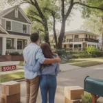 A young couple stands in front of their new home in Chapel Hill, a sold sign and moving boxes visible, with an apartment building across the street