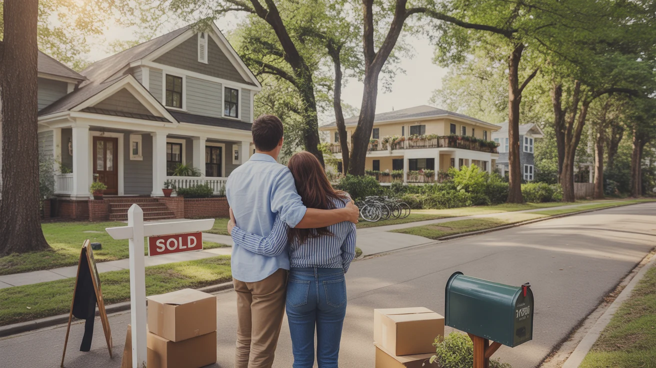 A young couple stands in front of their new home in Chapel Hill, a sold sign and moving boxes visible, with an apartment building across the street
