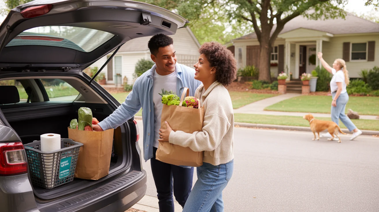 Couple unloading groceries from car trunk outside their home in Douglasville, Georgia