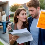 A couple reviewing a stack of bills and a parking citation outside their new Pflugerville home as friends and family help them move in.