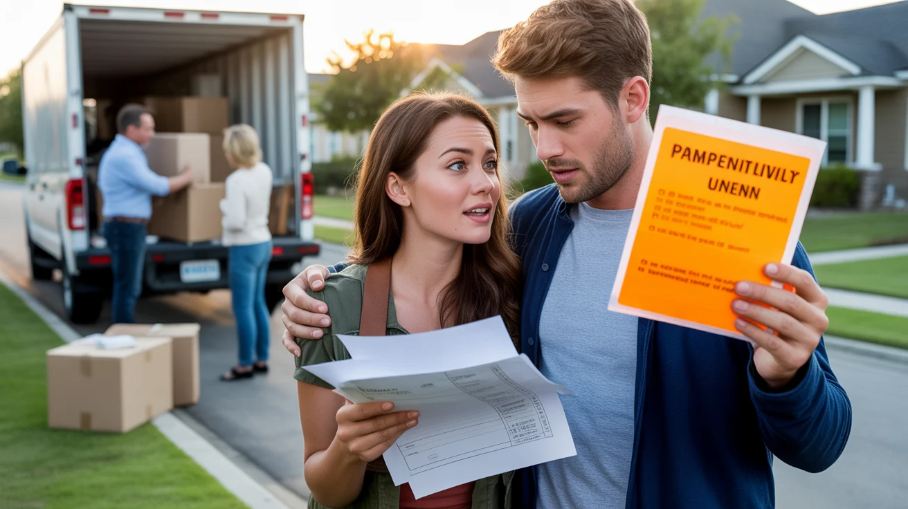 A couple reviewing a stack of bills and a parking citation outside their new Pflugerville home as friends and family help them move in.