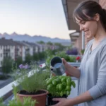 Woman watering potted plants on apartment balcony in Centennial, Colorado at sunrise