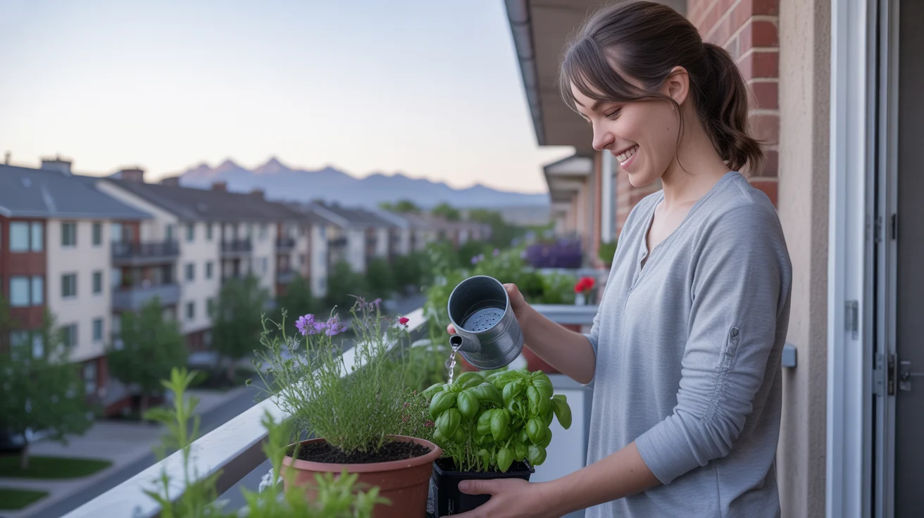 Woman watering potted plants on apartment balcony in Centennial, Colorado at sunrise