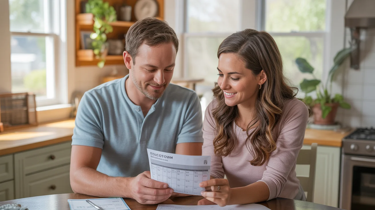 Couple reviewing affordable monthly budget in their new Georgetown, TX home