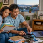 Couple reviewing streaming bills and options in their Anaheim apartment