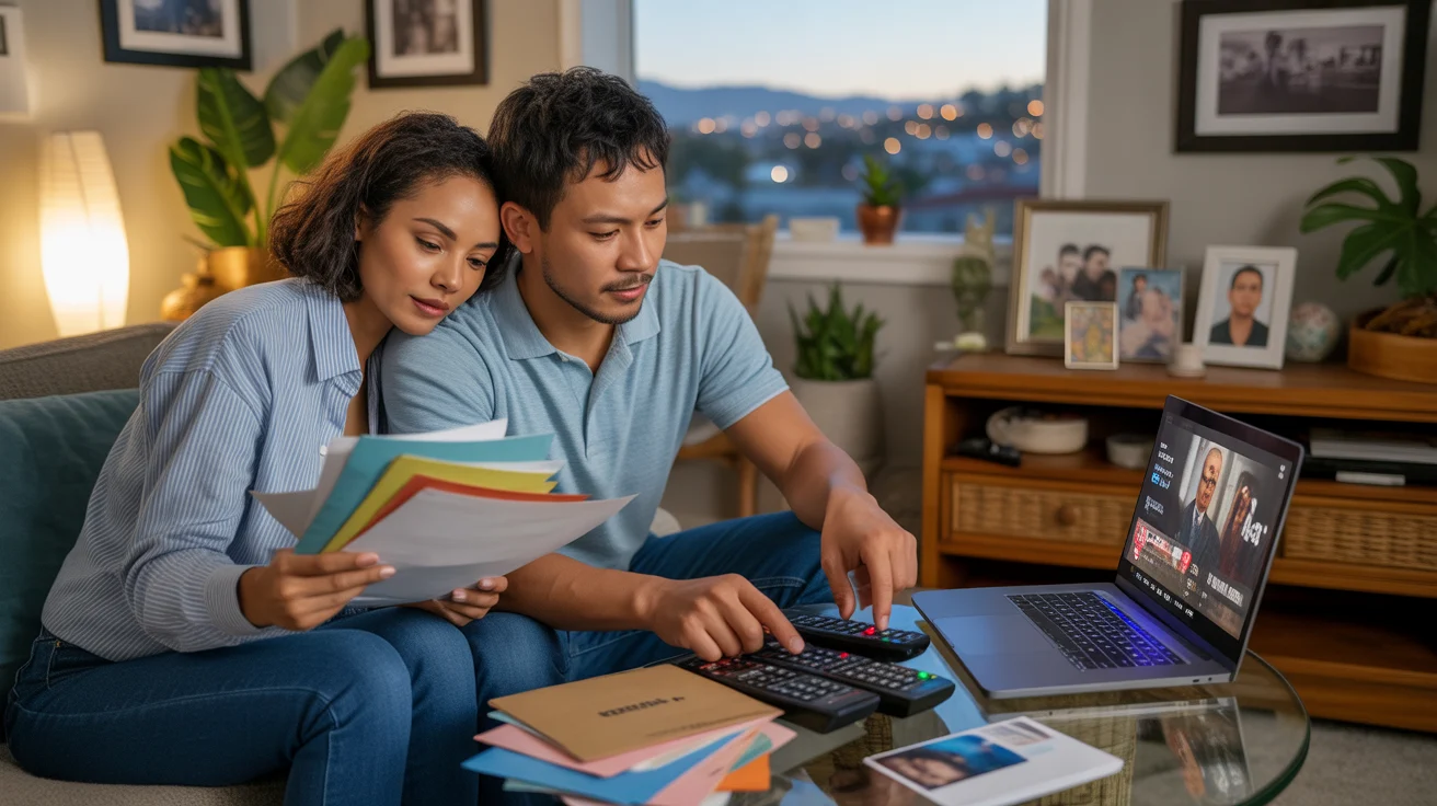 Couple reviewing streaming bills and options in their Anaheim apartment