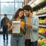 A couple shops for produce together in a grocery store in Arvada, Colorado