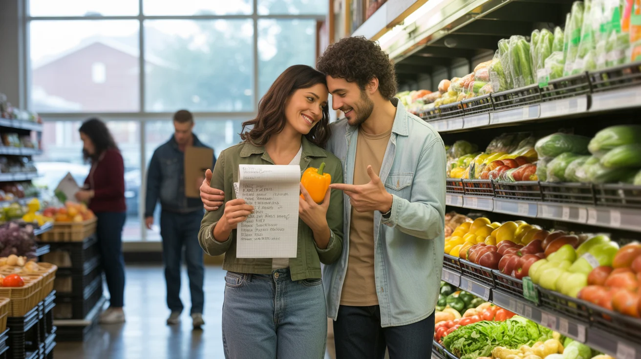 A couple shops for produce together in a grocery store in Arvada, Colorado