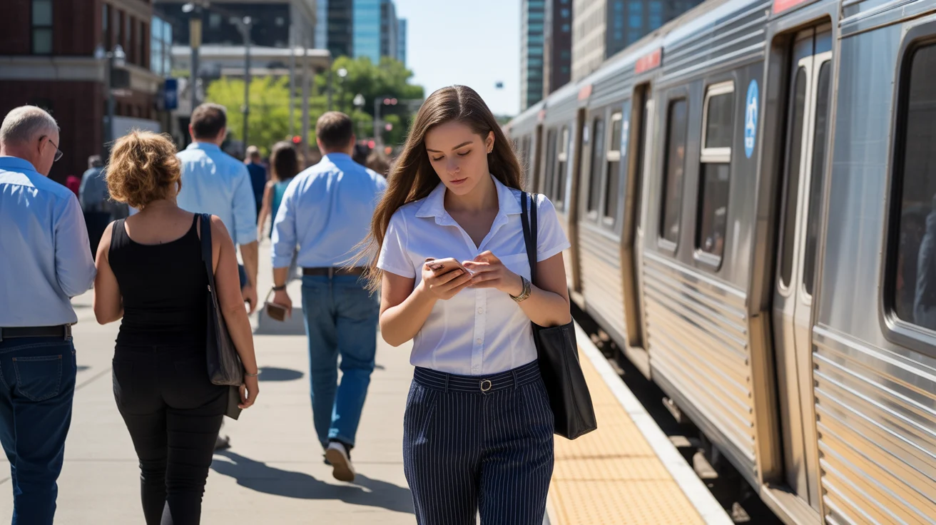 Woman commuter arriving in Aurora, IL by train