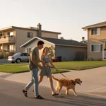 A couple walks their dog at sunset on a residential street in Taylorsville, Utah lined with a mix of houses and low-rise apartments