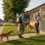 Man arriving home from work to his house in West Jordan, Utah, greeted by his dog and family