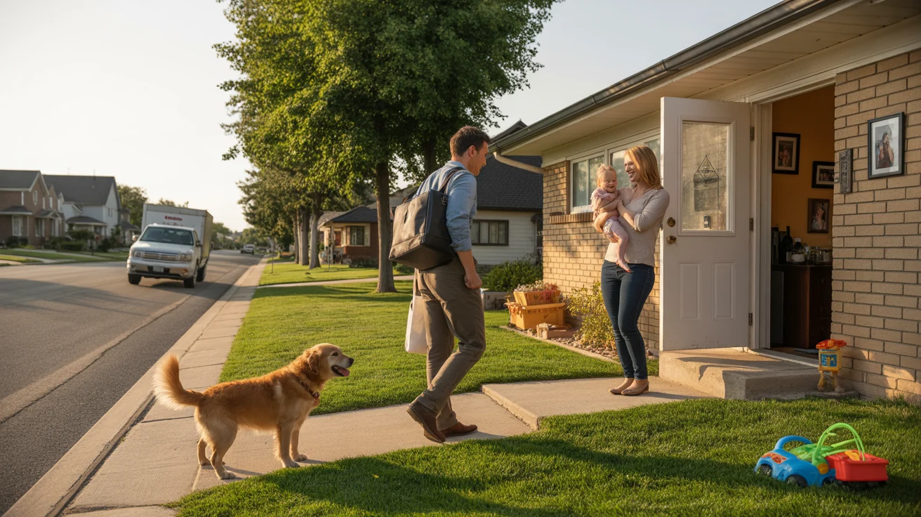 Man arriving home from work to his house in West Jordan, Utah, greeted by his dog and family