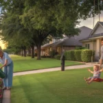 Woman watering flowers in front yard of suburban home in Mckinney, Texas at sunset, with neighbors enjoying family time nearby.