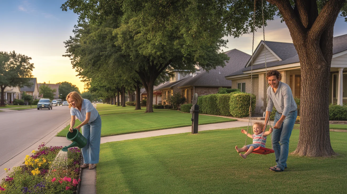 Woman watering flowers in front yard of suburban home in Mckinney, Texas at sunset, with neighbors enjoying family time nearby.