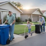 Neighbors in Pasadena, TX rolling trash and recycling bins to curb on a peaceful morning