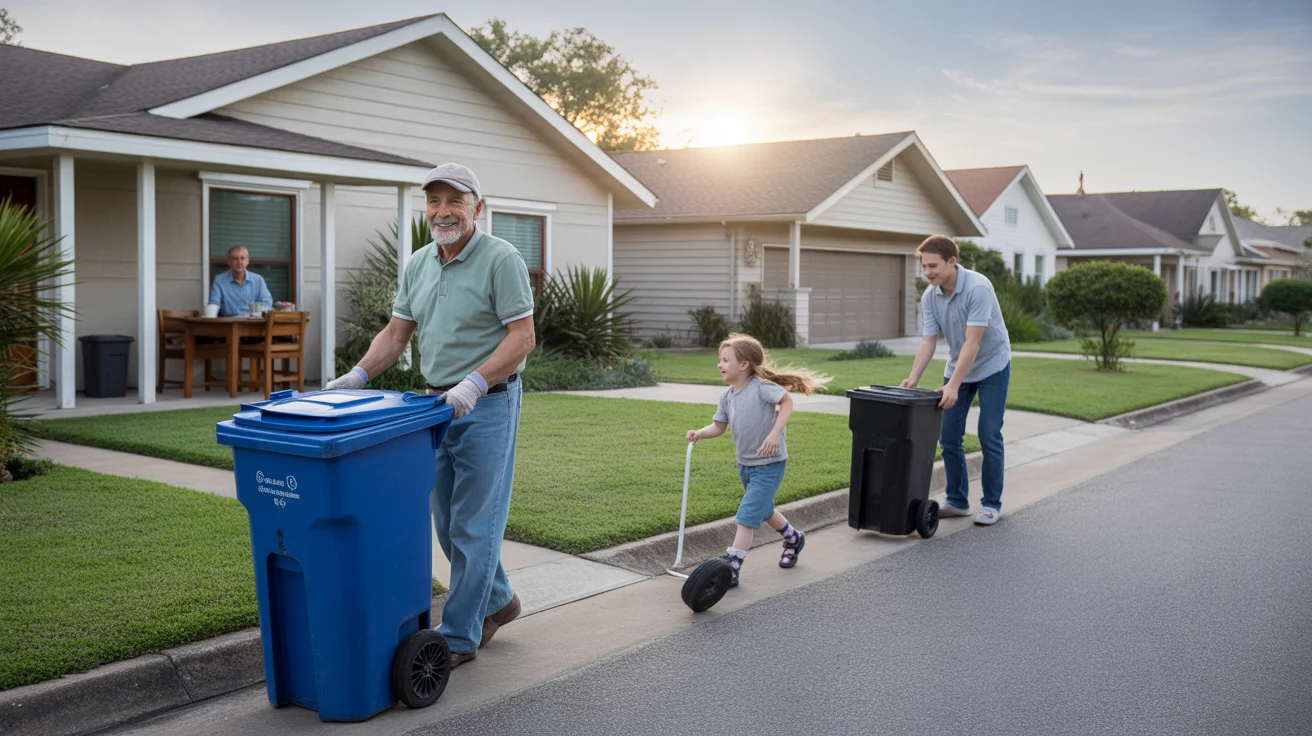 Neighbors in Pasadena, TX rolling trash and recycling bins to curb on a peaceful morning